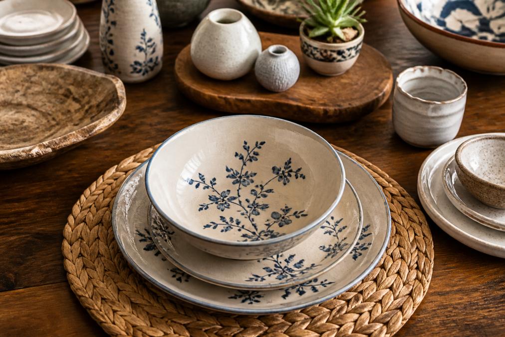Close-up of artisanal dinnerware and handcrafted home decor pieces displayed on a natural wooden table, showcasing hand-painted details, organic textures, and warm studio lighting