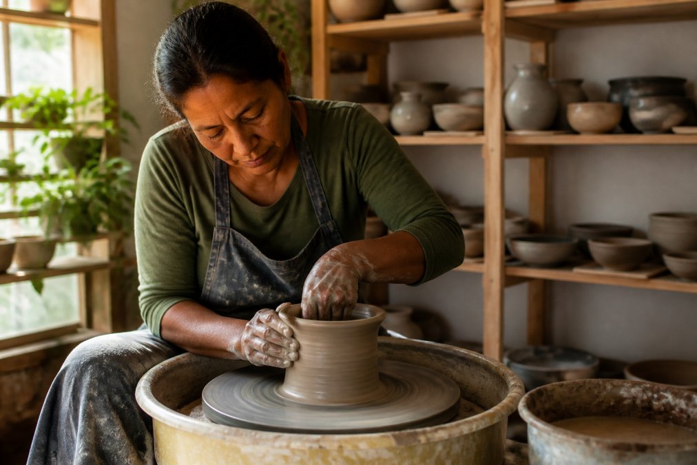 Woman artisan shaping clay on a pottery wheel surrounded by handcrafted ceramic vessels in a workshop