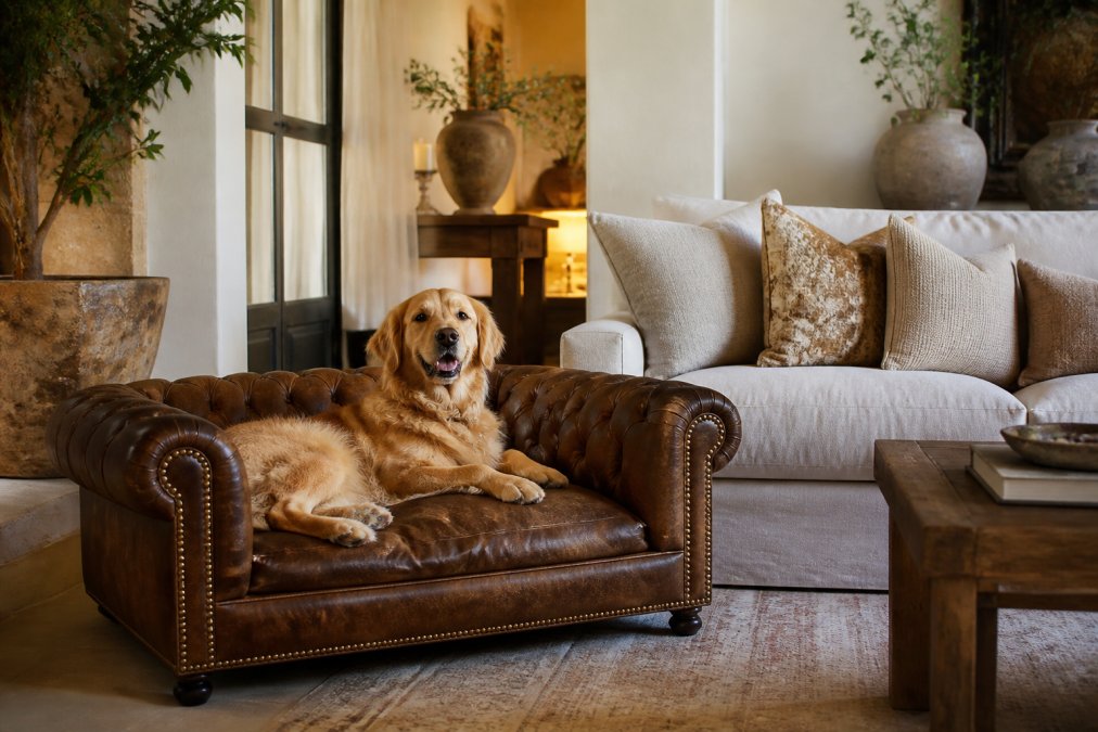 A luxurious living room with a leather Chesterfield-style dog bed positioned beside a full-size sofa, a golden retriever lounging comfortably on the dog bed, warm natural lighting, Mediterranean-inspired decor with neutral tones and textured throw pillows