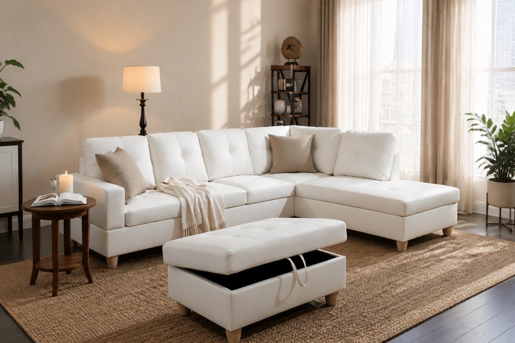 A compact modern apartment living room centered on a white L-shaped sectional sofa styled with velvet throw pillows and a woven area rug, warm afternoon light through sheer curtains creating a refined, airy atmosphere
