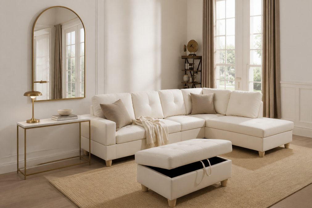 A small elegantly styled apartment living room featuring a large arched gold wall mirror on a white wall reflecting natural window light, a slim console table with a cordless gold table lamp, neutral linen soft furnishings, and a minimalist aesthetic creating a bright, sophisticated atmosphere