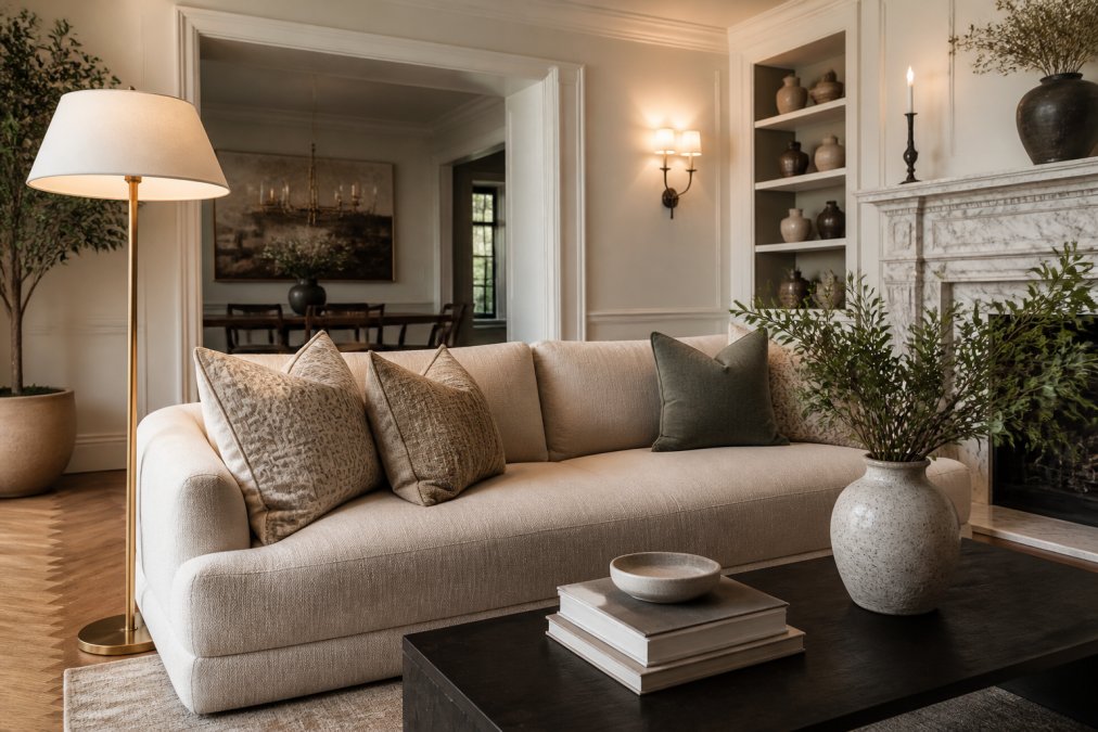 Infographic illustrating the 5-step process for styling luxury home decor in a marble fireplace living room.