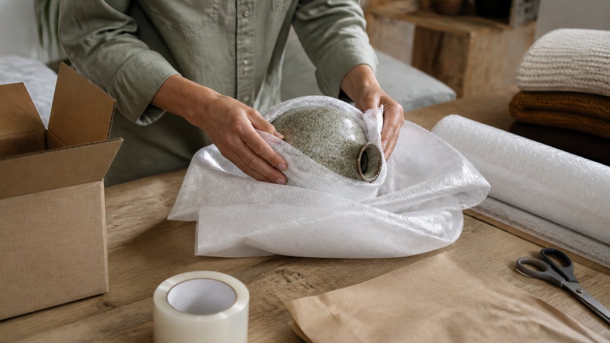 Mani che avvolgono accuratamente un vaso decorativo in ceramica con materiali protettivi con un'etichetta di reso su un piano di lavoro.