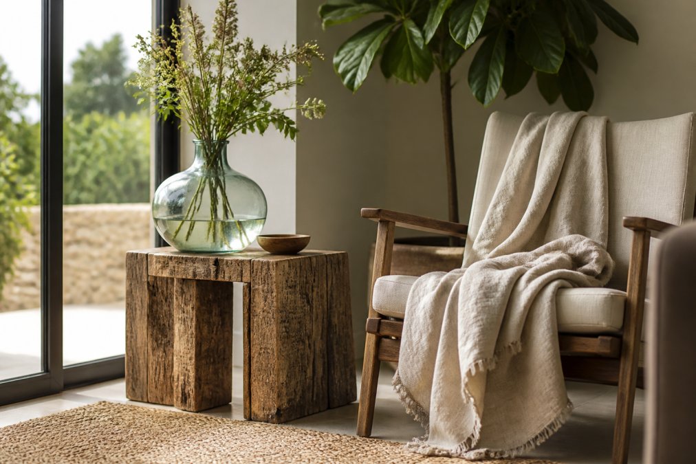 Infographic visualizing sustainable home decor brands featuring a reclaimed wood table, linen, and glass vase.