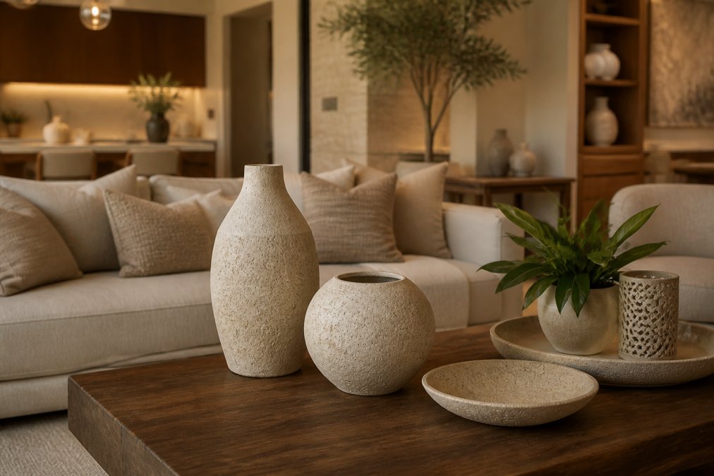 Sophisticated living room with natural travertine decorative accents, ceramic sculptural vases, and acacia wood furniture arranged on a neutral palette with warm lighting, demonstrating cohesive luxury styling