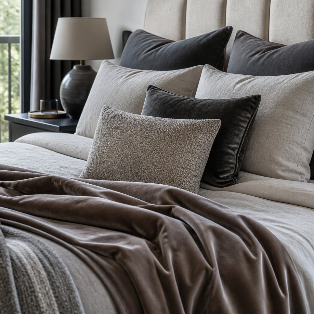 Infographic illustrating luxury home decor styling steps for layering linen cushions and velvet throws on a bed.