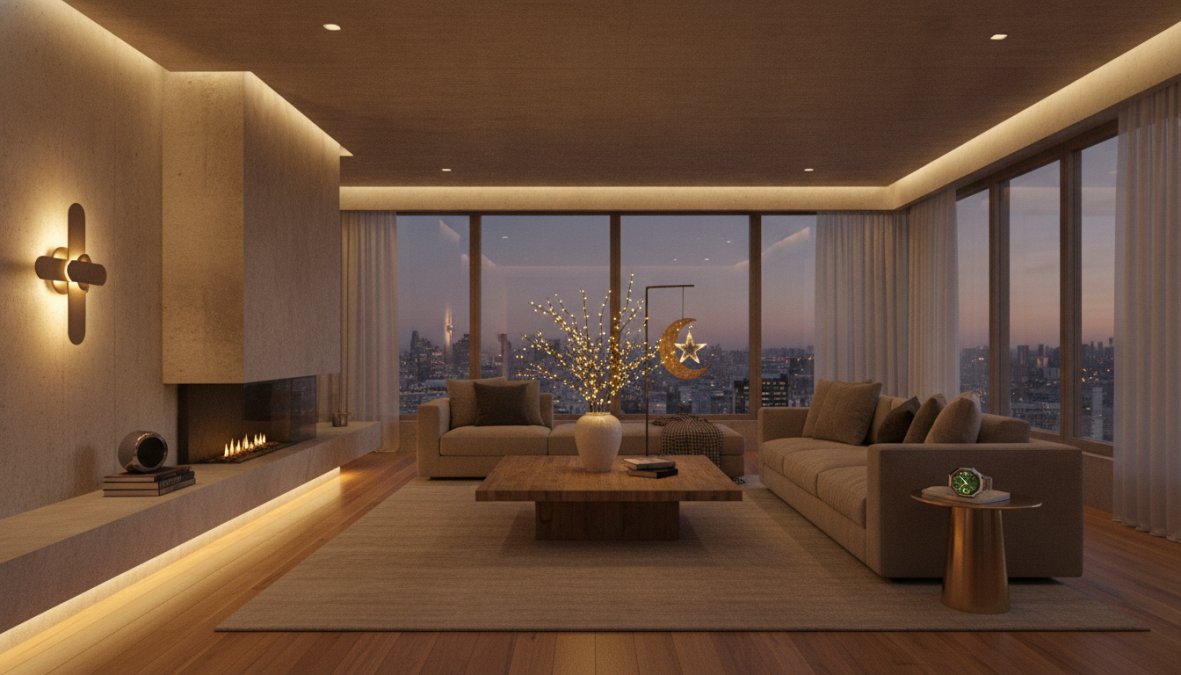 Modern luxury living room with ambient lighting, motorized shades partially drawn, and contemporary furniture with warm evening illumination