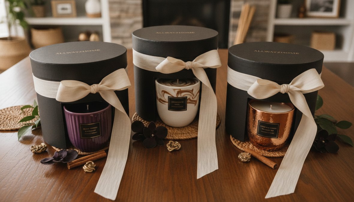 Overhead flat-lay arrangement of luxury candle gift sets in elegant glass vessels with coordinating diffusers, tied with silk ribbons on a marble surface with natural window lighting