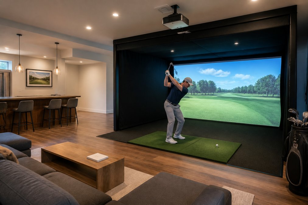 Golfer mid-swing inside a luxury home golf simulator featuring a large impact screen and overhead projector.