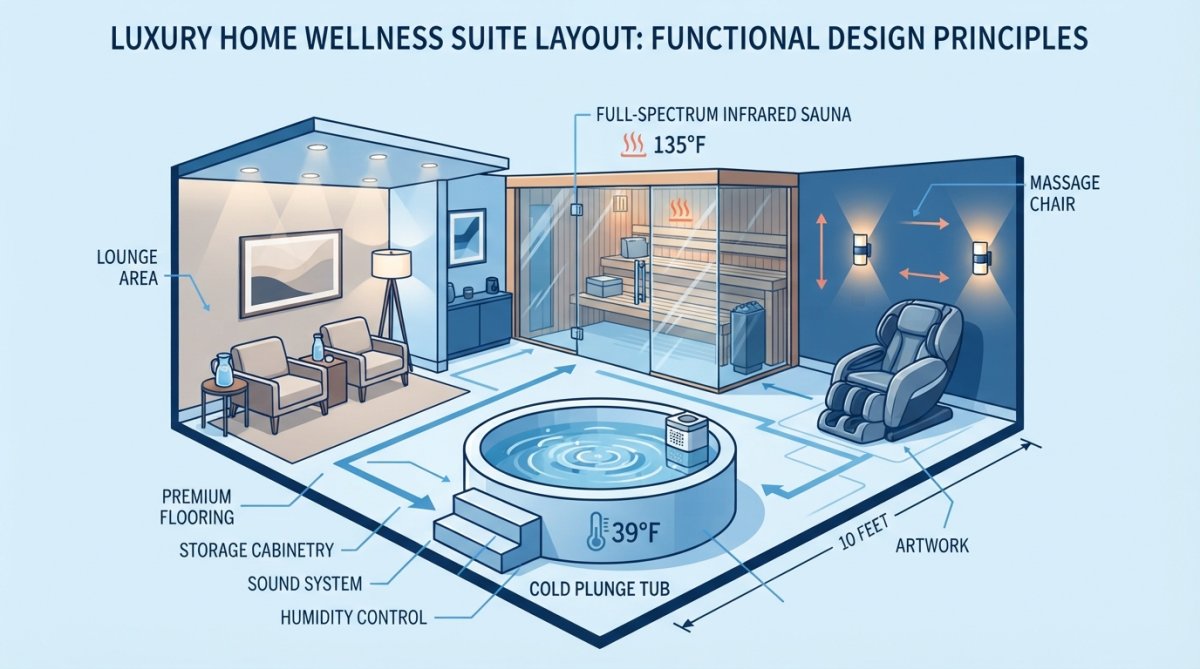 Sophisticated home recovery room featuring a cold plunge tub in the foreground, an infrared sauna visible through glass doors in the background, massage chair positioned near warm ambient lighting, and a lounge seating area with neutral tones and layered lighting design