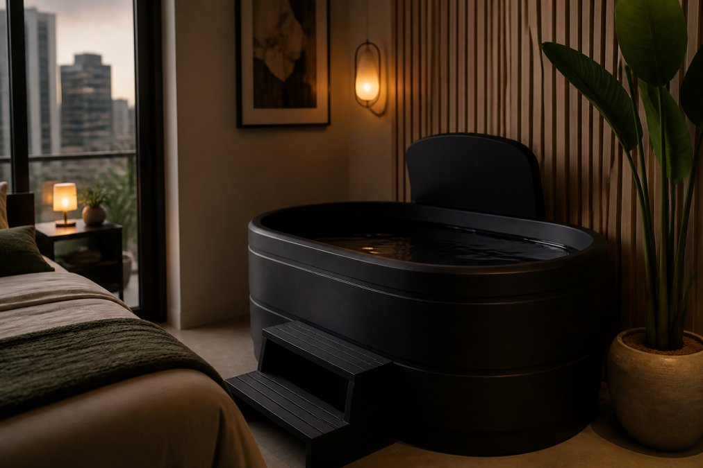 Sleek modern cold plunge installed in a minimalist apartment bedroom corner with warm ambient lighting and sophisticated interior design elements visible