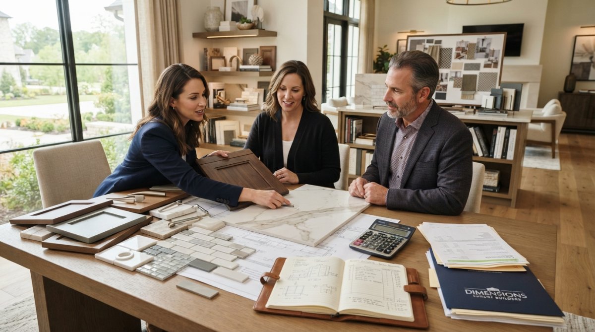 A design team reviewing custom cabinetry samples and luxury tile options with a homeowner in an upscale, sunlit design studio
