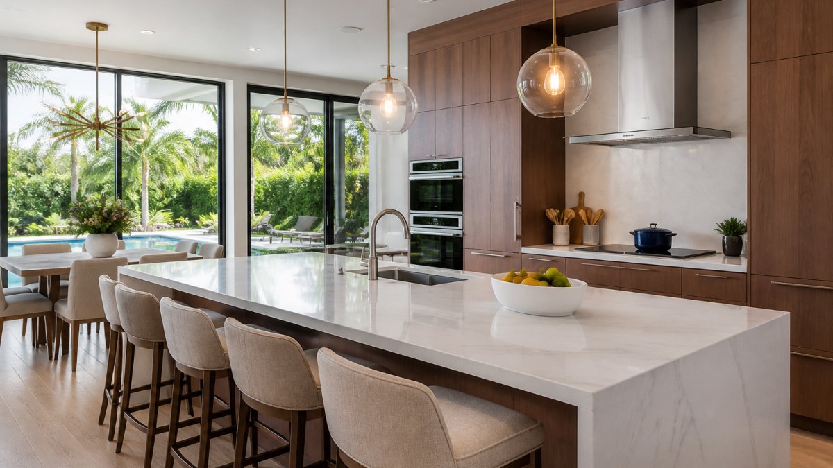 A luxurious modern kitchen in a South Florida home with waterfall quartz countertops, custom cabinetry, and large impact-rated windows overlooking a tropical backyard