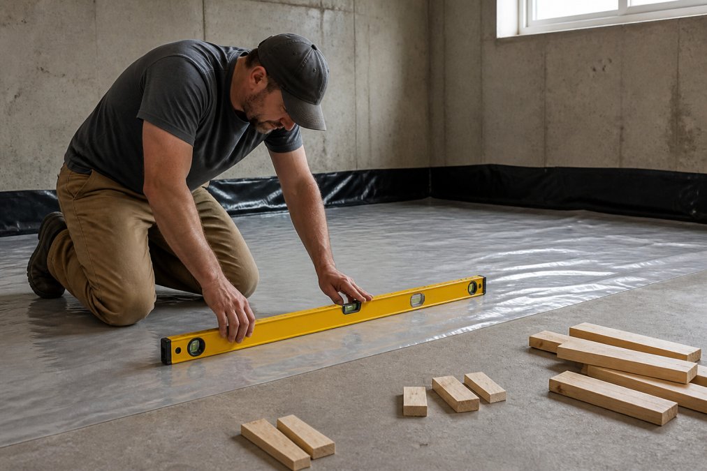 Professional installer using a precision level to check floor evenness in a basement room, with moisture barrier materials and wooden shims visible on the concrete surface in natural lighting
