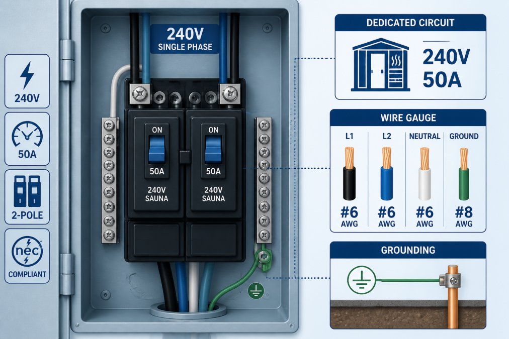 Close-up of a modern circuit breaker panel with dedicated heavy-duty breakers labeled for 240-volt sauna connection, showing proper wire gauges and grounding connections in clear lighting