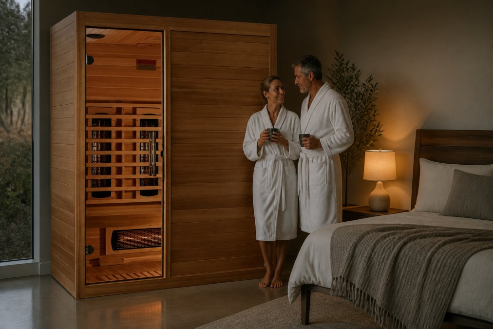 A serene modern home spa setting with a luxury infrared sauna nestled in a contemporary bedroom corner, warm cedar wood glowing softly under ambient lighting, minimalist decor surrounding it, creating a tranquil sanctuary atmosphere
