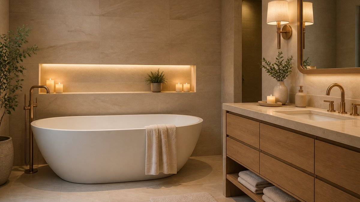 Spa-inspired bathroom with a curved soaking tub, warm neutral tile, wood vanity and soft lighting
