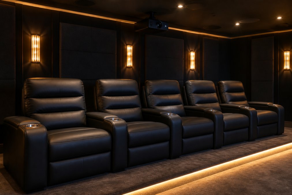 A dedicated media room with a row of five black vegan leather power recliners facing a large projection screen, warm ambient lighting, cup holders visible, cinematic atmosphere