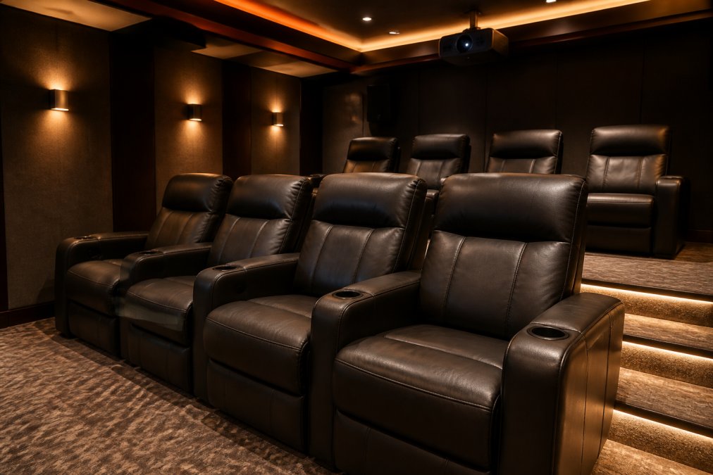 Modern home cinema room with premium leather recliners arranged in tiered configuration, warm ambient lighting, and large screen visible in background