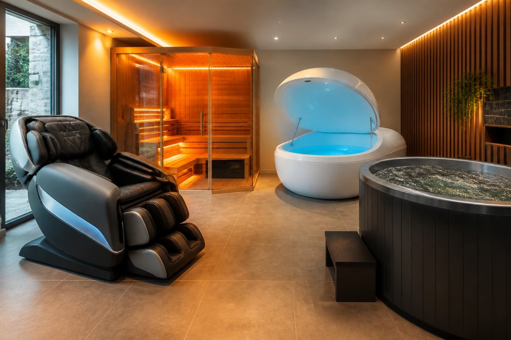Modern luxury home spa environment with massage chair, sauna, floatation tank, and cold plunge arranged in a bright residential wellness room with warm ambient lighting and natural wood accents