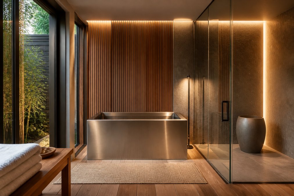 Modern minimalist spa bathroom with a sleek stainless steel cold plunge tub, tempered glass surround, soft ambient LED lighting, and natural wood accents creating a serene wellness sanctuary