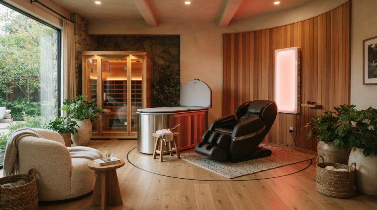 Cedar-lined sauna and cold plunge in a luxury home wellness room setup with warm lighting and massage chair.