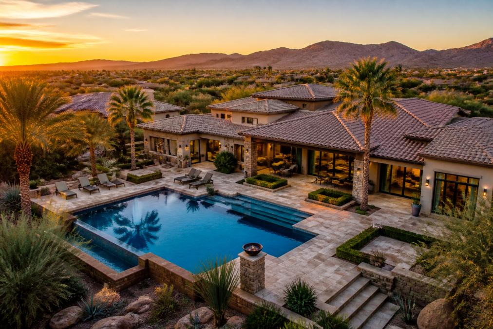 Aerial view of a luxury home in the East Valley with a pool and mountain views at golden hour