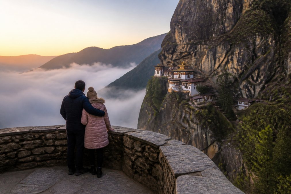 A couple in warm coats standing on a stone viewing terrace at dawn, mist filling a deep Himalayan valley below them, distant monastery clinging to a cliff face