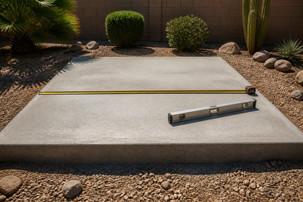 A freshly poured concrete pad in a sunny backyard with a measuring tape stretched across its surface and a contractor's leveling tool resting on top, surrounded by desert landscaping in afternoon light