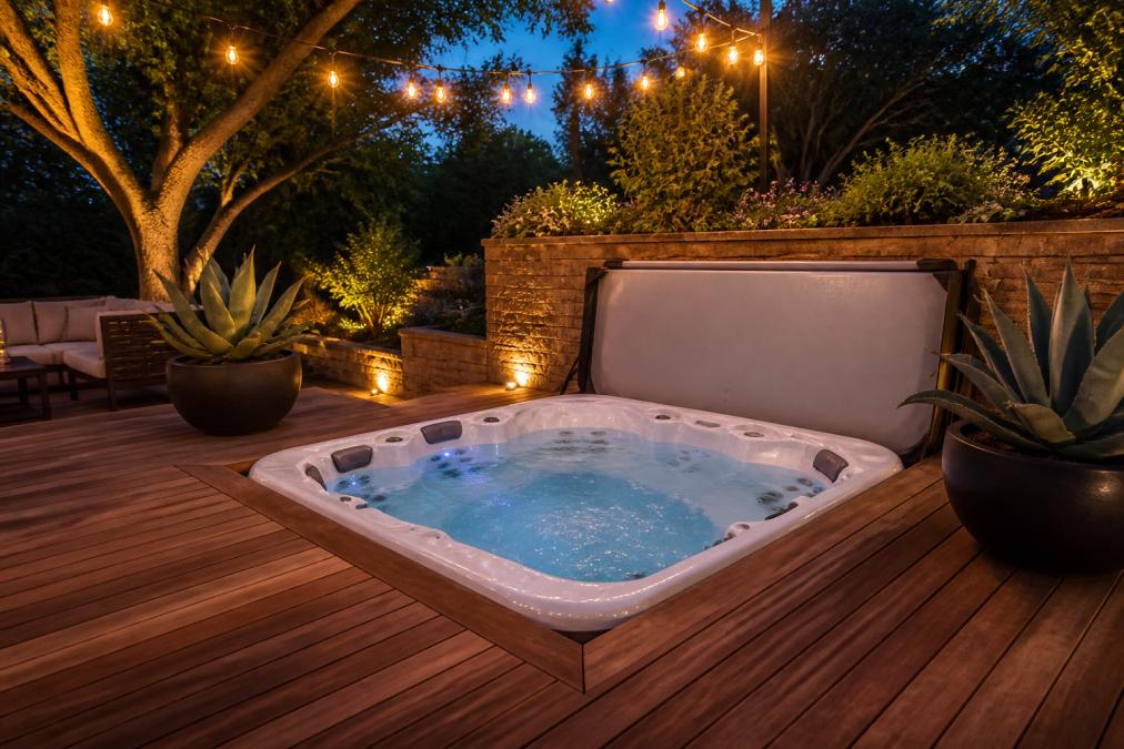 A luxury hot tub recessed into a teak wood deck in a beautifully landscaped backyard at dusk, with warm Edison string lights overhead, potted agave plants flanking the spa, and a thermal cover resting open against a low stone wall