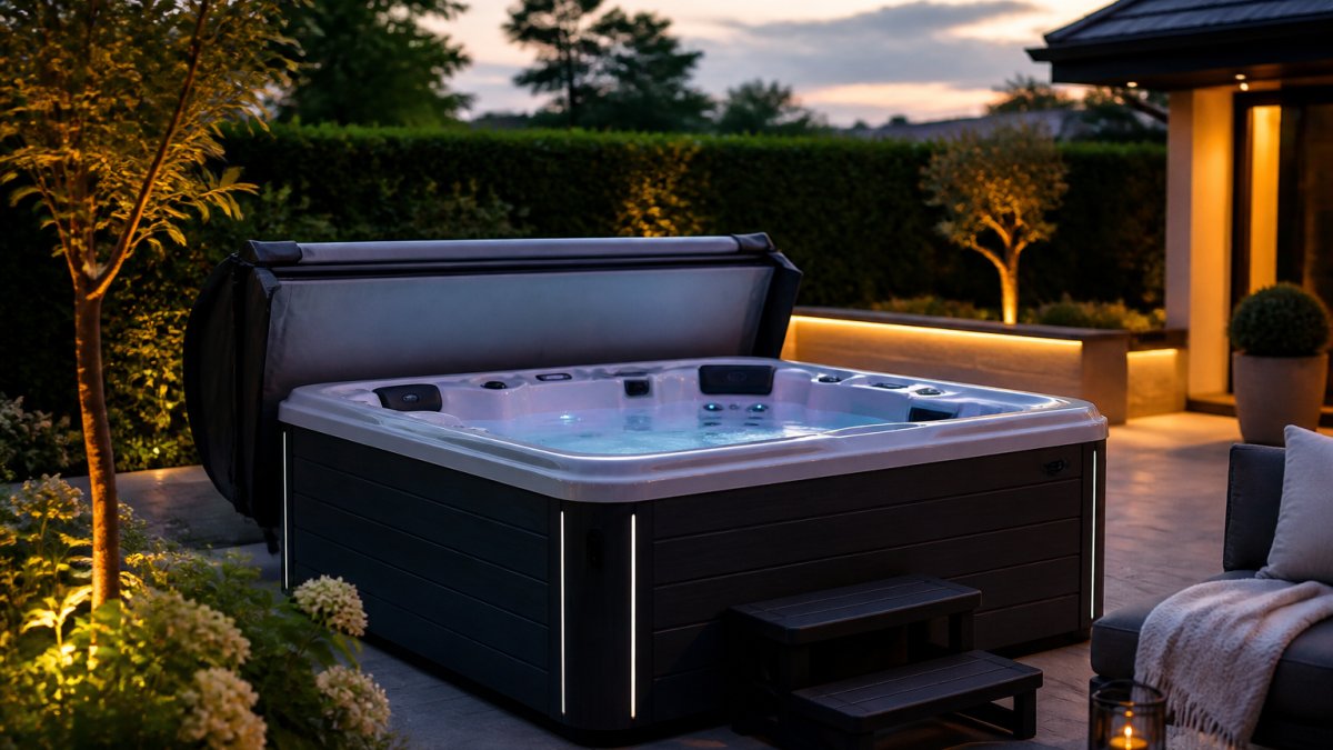 Modern luxury hot tubs glowing on a landscaped garden patio at dusk