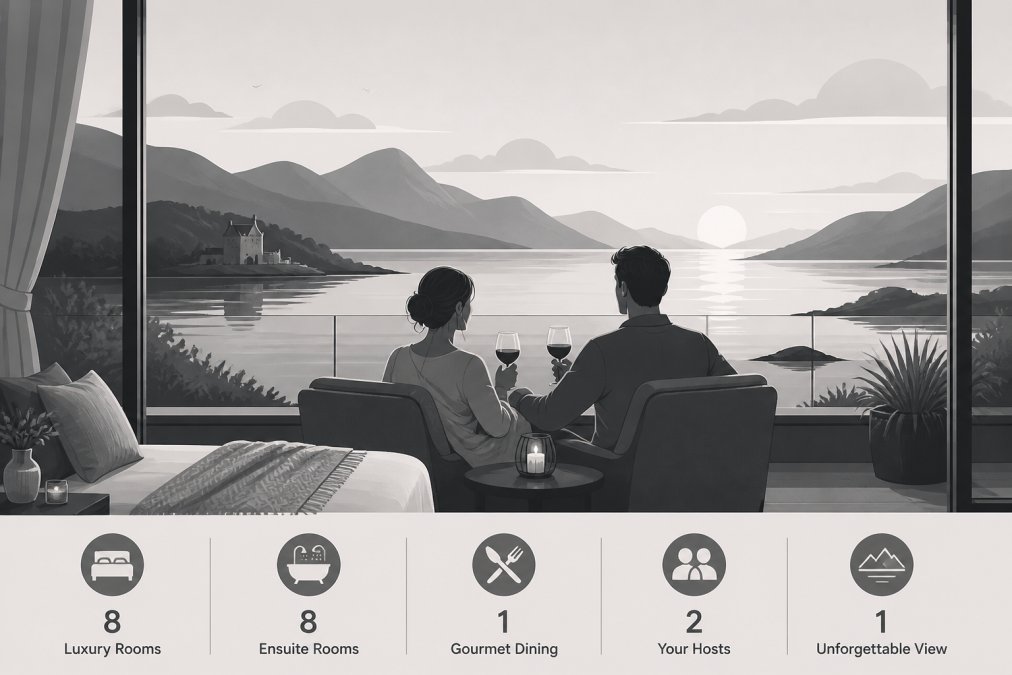 Couple enjoying sunset views over a Scottish loch with mountains in the distance from a hotel terrace, warm golden light reflecting on the water