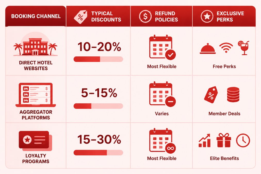 Comparison matrix showing booking channels (direct hotel websites, aggregator platforms, loyalty programs) with columns for typical discounts, refund policies, and exclusive perks available through each