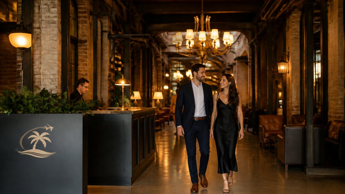 A couple in relaxed evening attire walking through a warmly lit historic brick hotel lobby with exposed industrial beams and brass fixtures