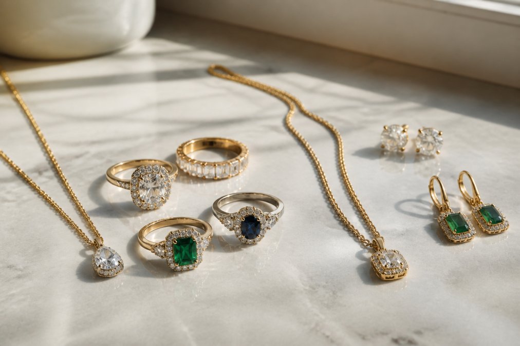 Elegant flat-lay of diamond rings, gold necklaces and gemstone earrings arranged on a marble surface in soft natural window light
