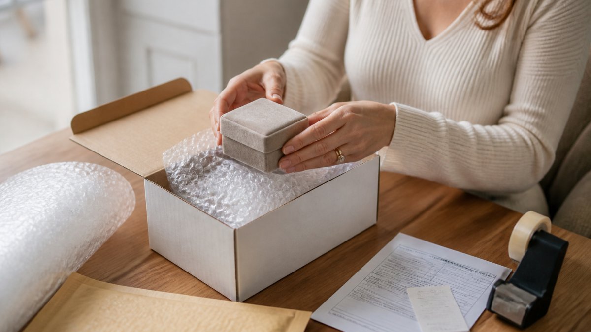 A woman at a bright wooden desk carefully placing a small jewelry box into a padded shipping box, with a printed label and receipt visible beside her