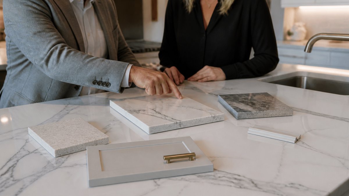 Infographic illustrating the selection process and fabrication steps for marble countertop alternatives.