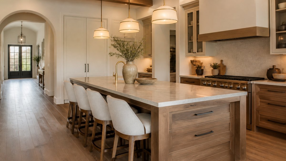 Modern luxury kitchen featuring a custom furniture-style island with warm wood tones, waterfall edge quartzite countertop in soft gray-beige, open seating area with upholstered bar stools, warm pendant lighting, and natural materials throughout