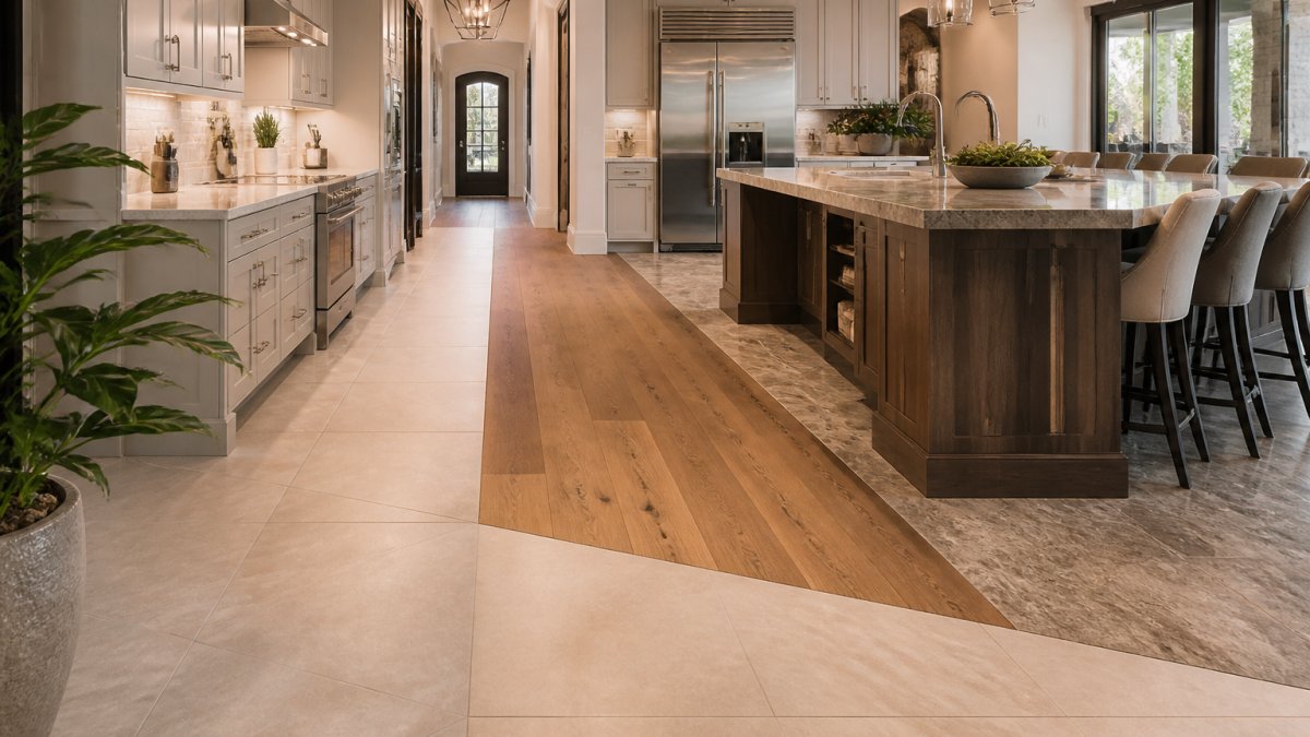Luxury modern kitchen featuring mixed flooring materials including light porcelain tile, warm luxury vinyl plank transitioning to natural stone near the island, with professional lighting highlighting material textures and finishes