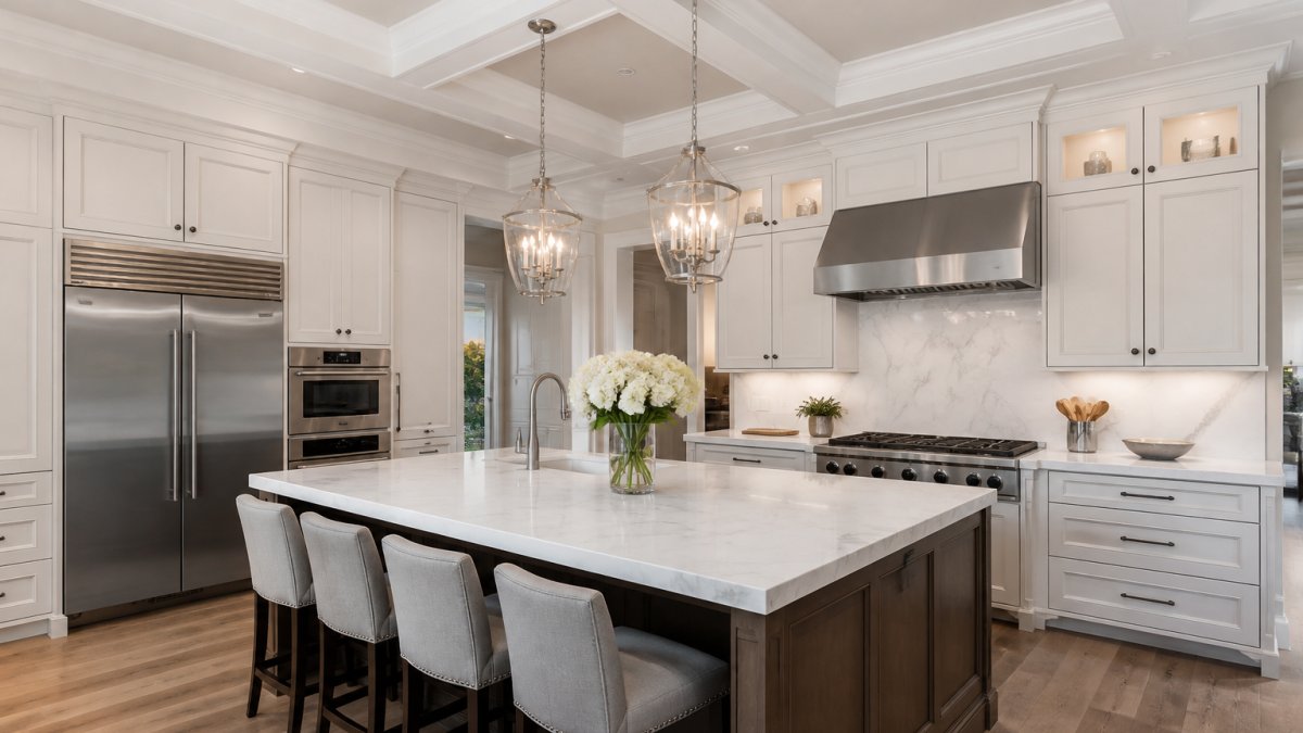Finished luxury kitchen with custom cabinetry, high-end stainless steel appliances, white marble countertops, and a professional island with pendant lighting under a coffered ceiling