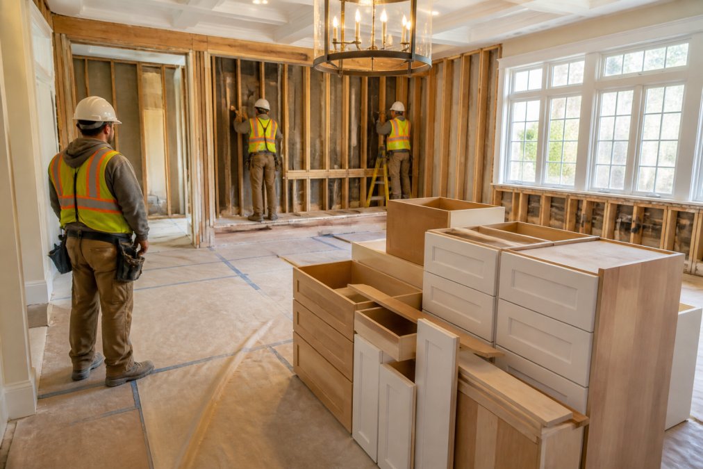 A construction crew in hard hats and safety vests working inside a partially demolished upscale kitchen, exposed wall studs visible, protective floor coverings down, and a stack of new custom cabinetry waiting nearby