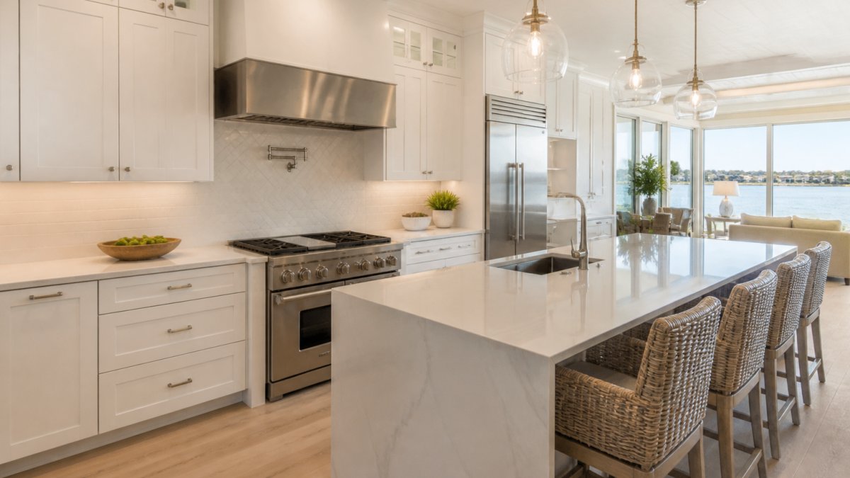 Completed luxury kitchen with custom white cabinetry, waterfront views through large windows, professional-grade stainless steel appliances, and modern quartz countertops in bright natural light