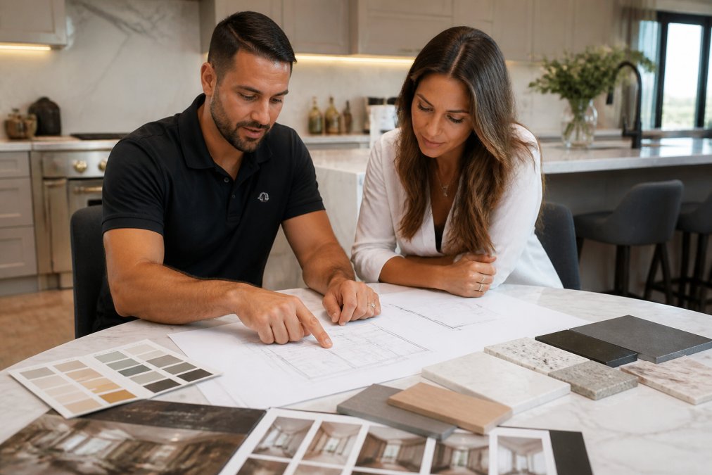 Professional contractor and homeowner reviewing detailed kitchen design plans and material samples at a consultation table with architectural sketches and color swatches