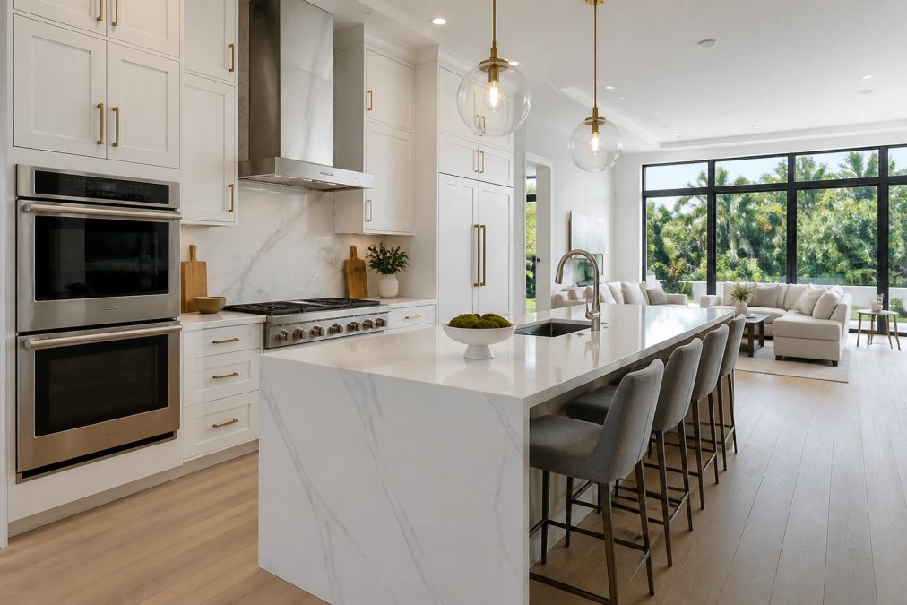 Professional luxury kitchen with custom cabinetry, quartz countertops, stainless steel appliances, and open-concept design with natural light from large windows