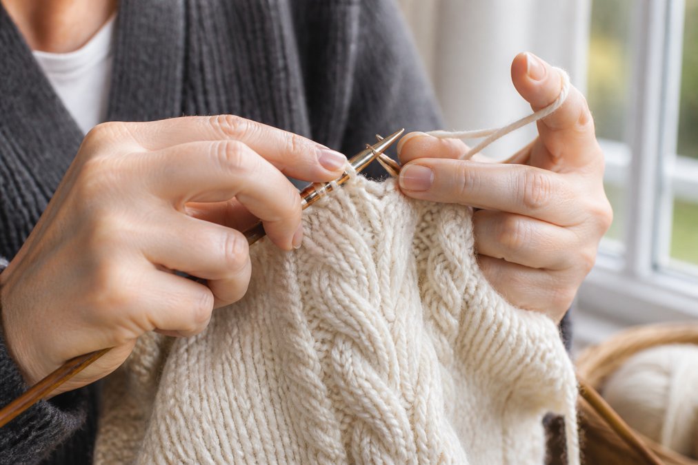 Professional knitter's hands working with luxury metal and wood needles on a complex cable pattern, showing needle tips gliding through cream-colored wool in natural window light