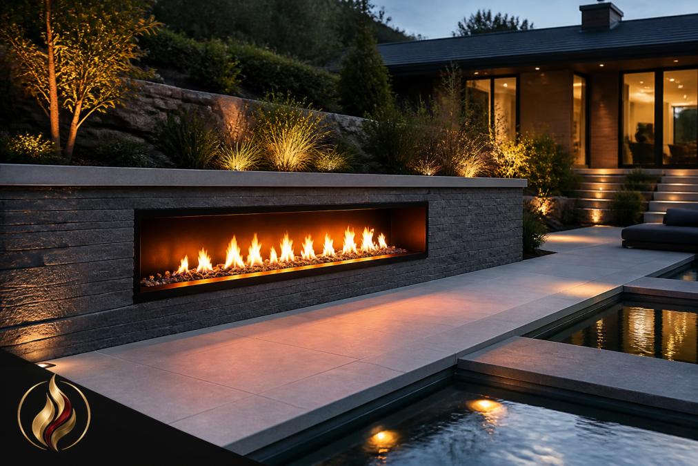 Modern linear gas fireplace in a luxury landscape design with ambient lighting and stone patio at dusk.