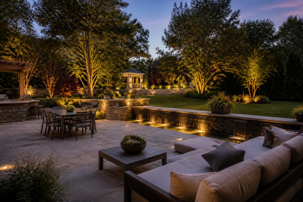 Elegant backyard at dusk featuring a custom stone patio with high-end outdoor furniture, mature specimen trees with landscape lighting, and integrated water feature