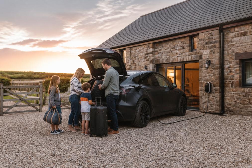 A family unloading luggage from an electric car parked in the gravel driveway of a converted stone barn, charging cable plugged into the vehicle, fully enclosed garden visible behind, warm evening light
