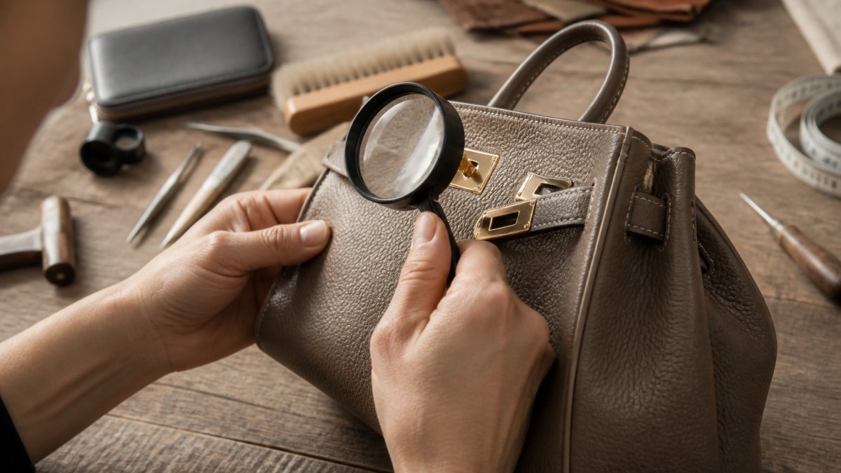 Hands inspecting the fine stitching and premium grain of a leather handbag in natural daylight