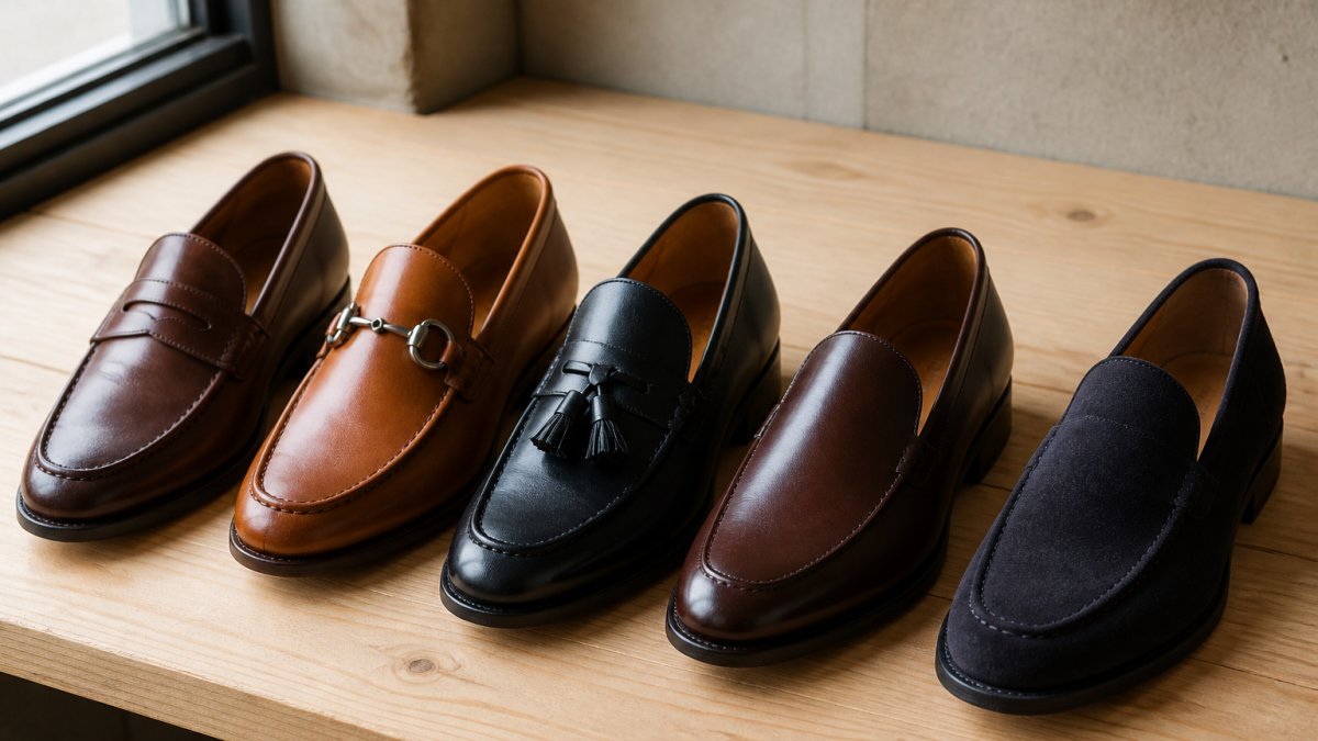 A neatly arranged row of five men's leather loafers on a light wood surface, each pair angled slightly to show the toe shape and leather grain, soft natural window light from the left